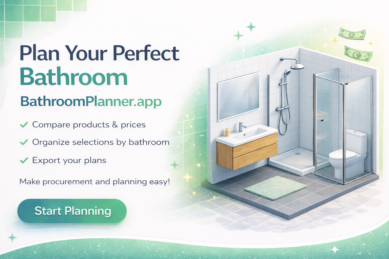 Bathroom planner tool interface showing layout and fixture placement